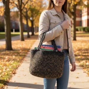 Hand Kit Crochet Black and Brown Women's Tote Bag New